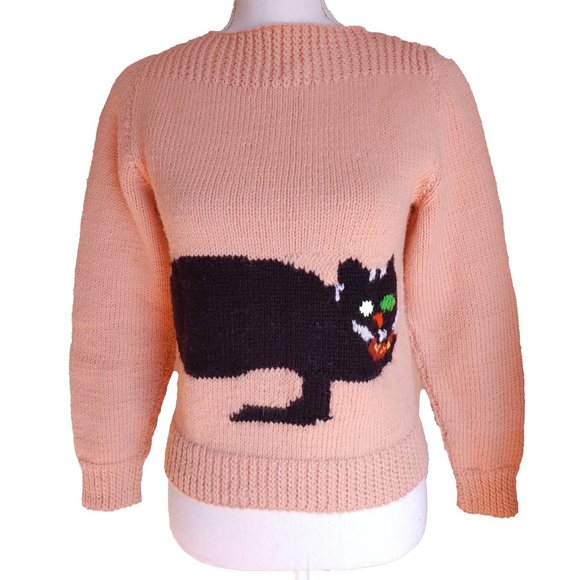Vintage Sweaters - Vintage 60s Pink High Neck Hand Made Knit Black Cat Sweater